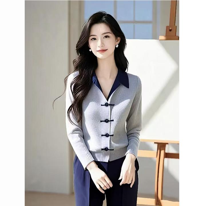 2025冬季新款高级感气质新中式国风灰色拼接翻领针织开衫毛衣上衣