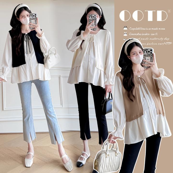 孕妇装春季上衣2025春装新款宽松设计感假两件衬衫洋气遮肚娃娃衫
