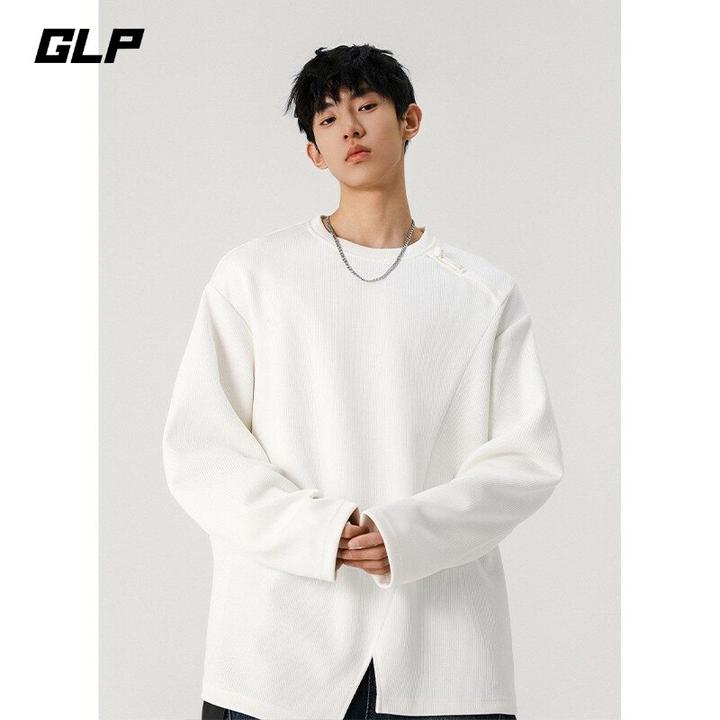 白色纹理感开叉休闲卫衣男2025春百搭vintage宽松圆领长袖打底衫