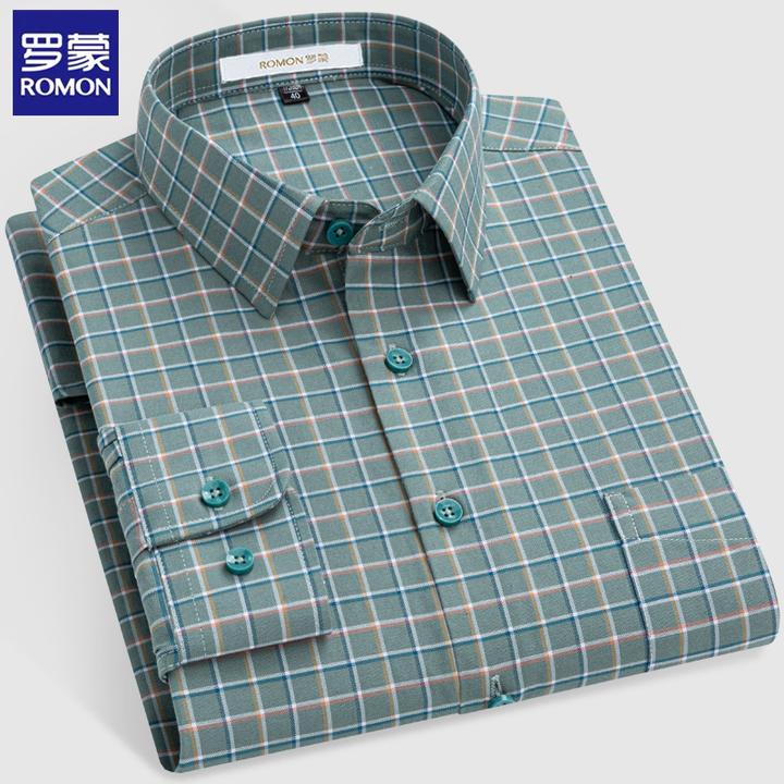 罗蒙纯棉男士春秋长袖衬衫绿色男款休闲格子衬衣上衣宽松商务工装