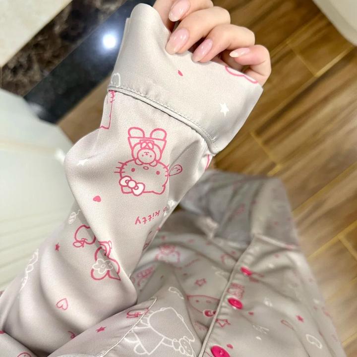 高级感冰丝睡衣女套装2025春秋新款轻奢时尚家居服银粉kitty猫