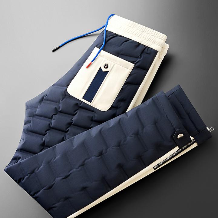 冬季加厚保暖白鸭绒时尚撞色拼接男装外穿防水青年直筒休闲羽绒裤