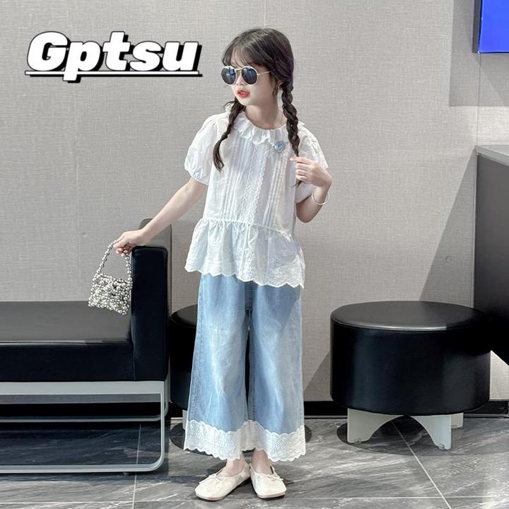 GPTSu女童夏季娃娃衫2025新款衬衫儿童上衣牛仔阔腿裤女孩两件套
