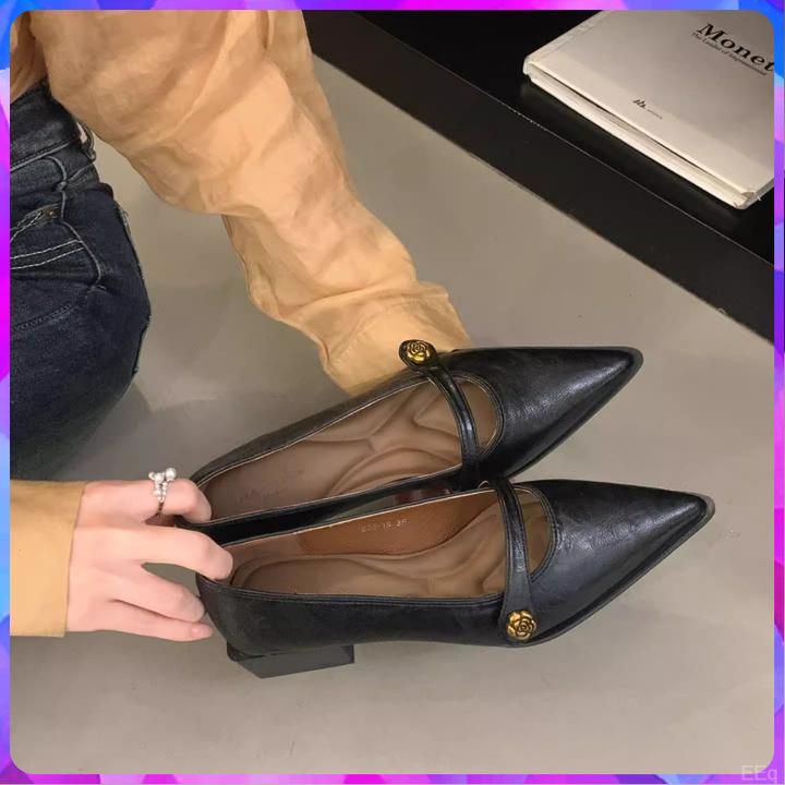 2025春秋新款尖头浅口小皮鞋女复古鞋子粗跟玛丽珍鞋中跟高跟单鞋