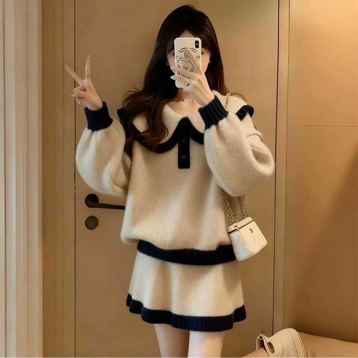 2025秋冬新款娃娃领针织衫套装女大码胖mm宽松遮肚撞色毛衣套装