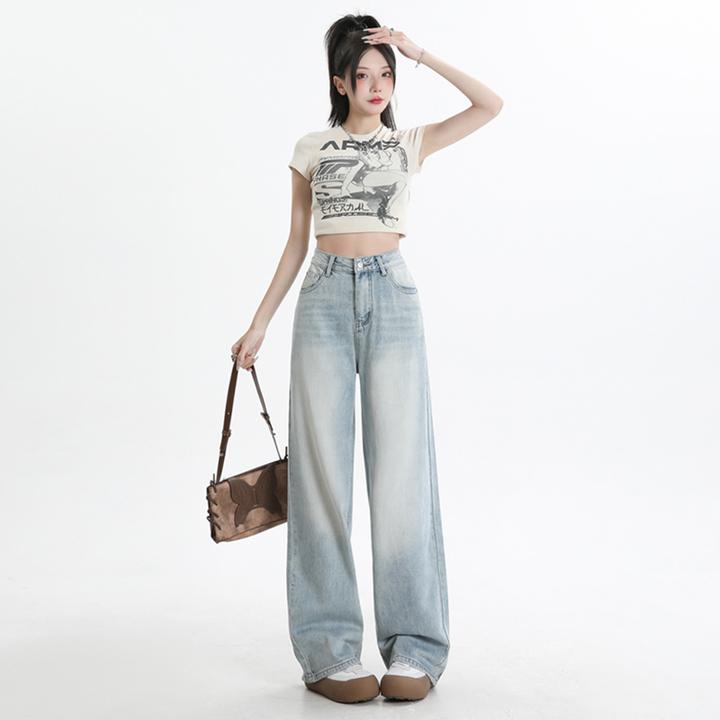 早秋新款窄版直筒裤宽松遮胯显瘦牛仔裤百搭设计感新潮拖地裤子女