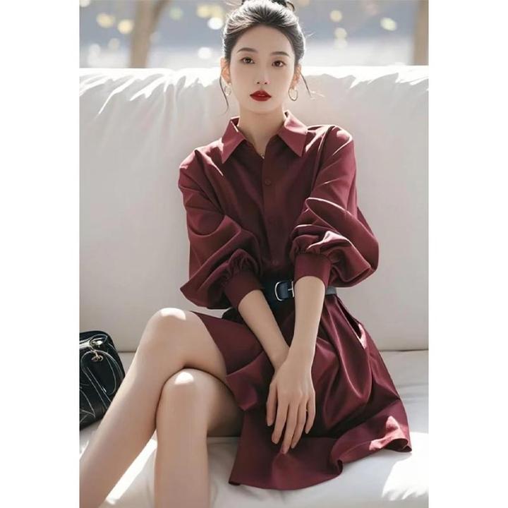 红色翻领长袖衬衫连衣裙春季出席重要场合的减龄气场强大收腰裙子