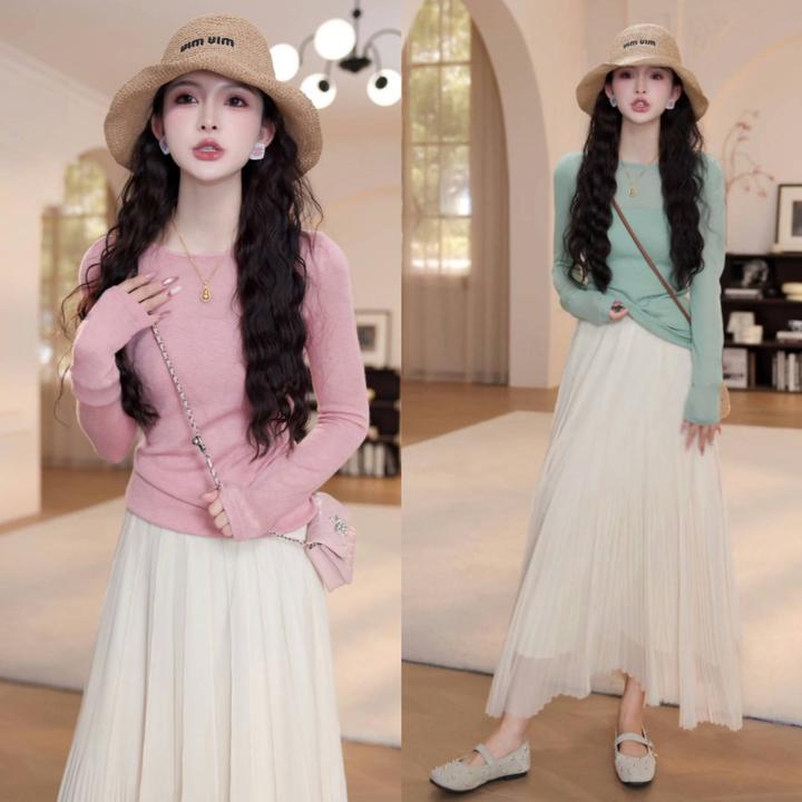 欧若风小众炸街高级感春夏防晒罩衫长袖针织百搭褶皱半身裙套装女