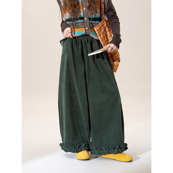 大码300斤绿色森系木耳花边拼接阔腿休闲裤男女秋冬百搭灯芯绒裤