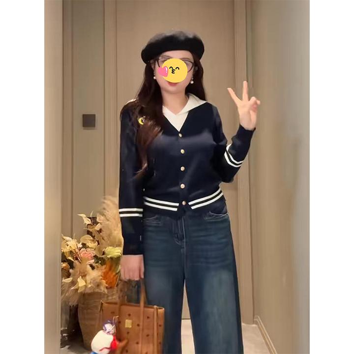韩系氛围感穿搭海军领长袖针织衫女早秋季宽松慵懒高级感叠穿罩衫
