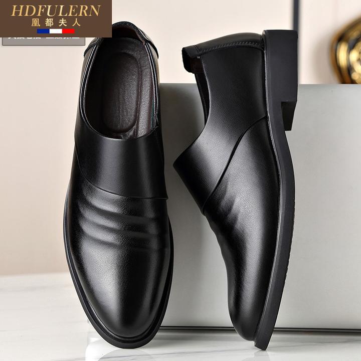 皮鞋男款夏季真皮男士休闲商务正装内增高一脚蹬镂空透气黑色德比