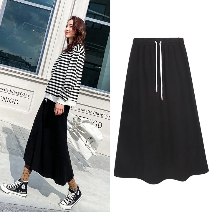 黑色半身裙女春秋高腰中长款宽松遮胯显瘦百搭休闲松紧腰a字长裙
