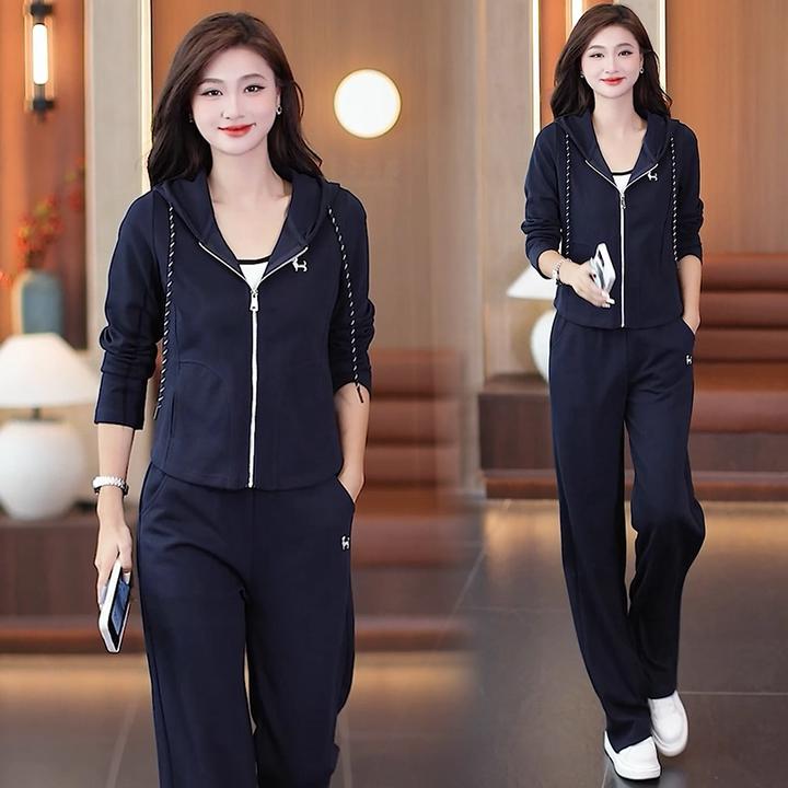 运动套装女2025秋季新款洋气显瘦连帽开衫阔腿裤休闲减龄两件套潮