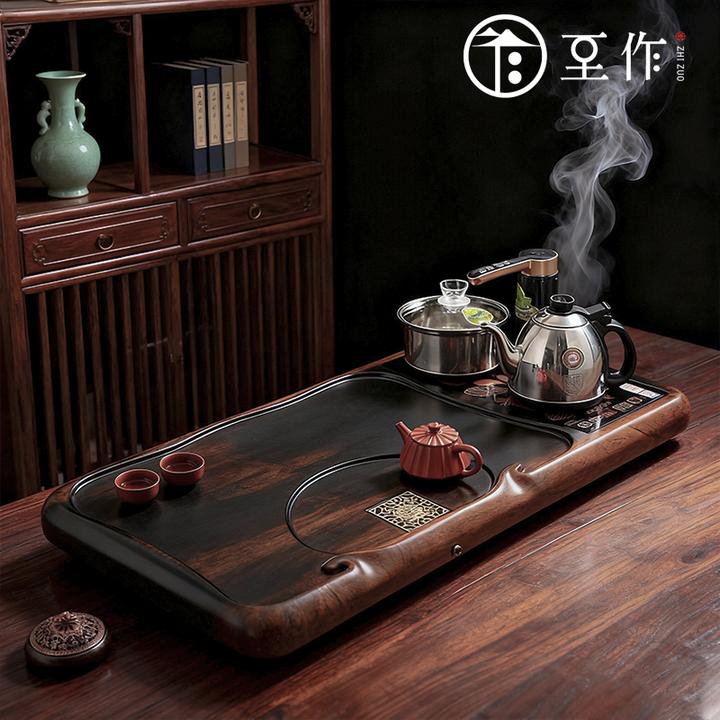 2025爆款黑檀木纹高端全自动一体带电磁炉烧水蓄水沥水茶盘套装