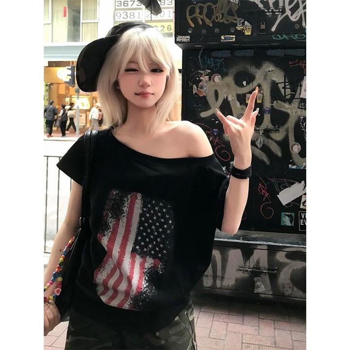 夏季新款纯欲风斜肩短袖t恤女时尚宽松显瘦辣妹设计感一字肩上衣