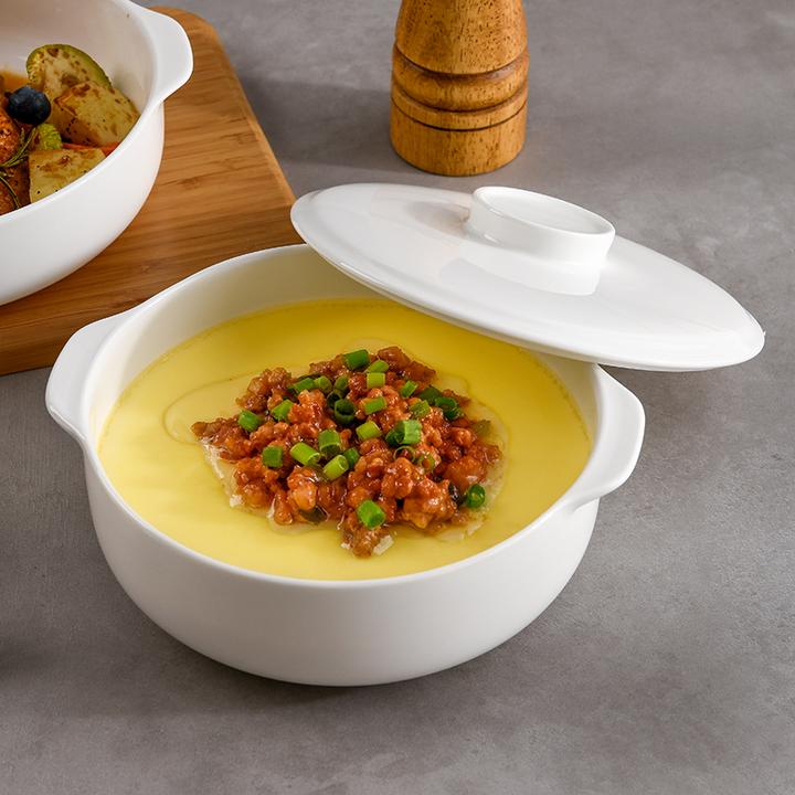 骨瓷双耳蒸蛋羹专用碗可微波带盖碗陶瓷食品级日式家用釉下彩白瓷