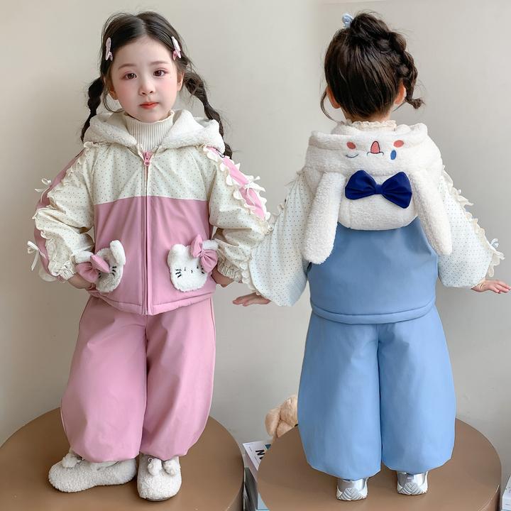 女童卡通加绒套装秋冬季2025新款儿童加厚保暖两件套宝宝洋气冬装