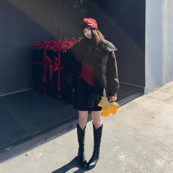 【郝洁】“流浪者”复古时尚百搭V口粗跟不过膝长筒骑士靴子2583