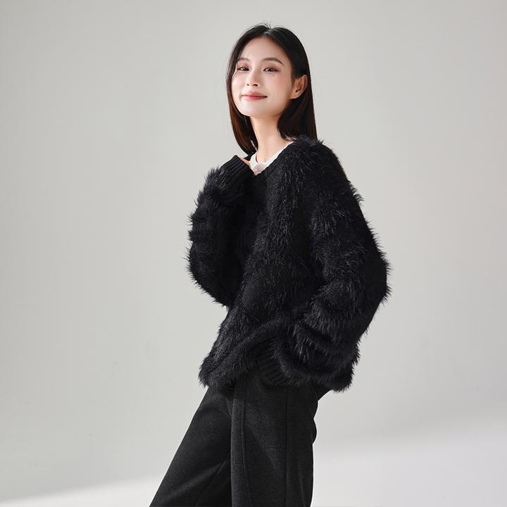 索菲丝尔加厚圆领套头毛衣女2024冬季时尚仿貂毛外套针织衫448002