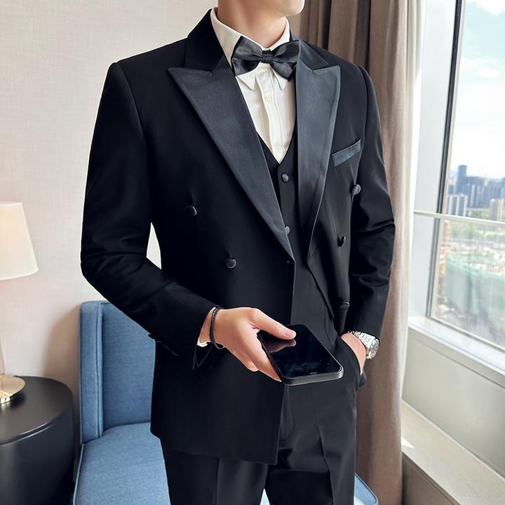 男士高端黑色双排扣塔士多英伦西服套装商务休闲大码西装新郞礼服