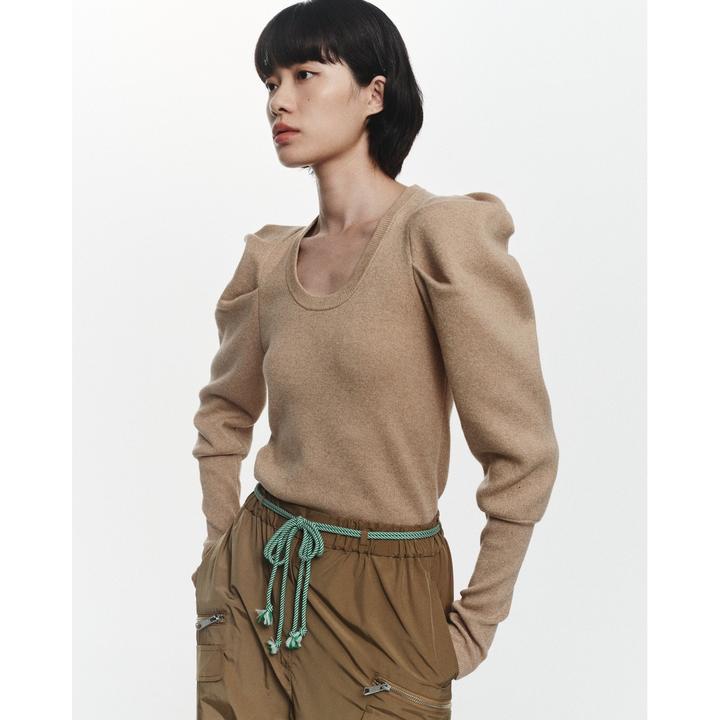 【Montendre】秋冬新款 B 修身百搭泡泡袖圆领纯色打底长袖T恤女士