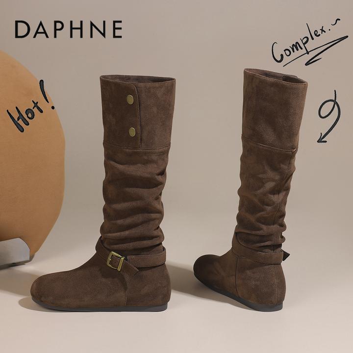达芙妮棕色堆堆靴女款2025秋季新款加绒粗腿长筒靴胖mm显瘦时装靴