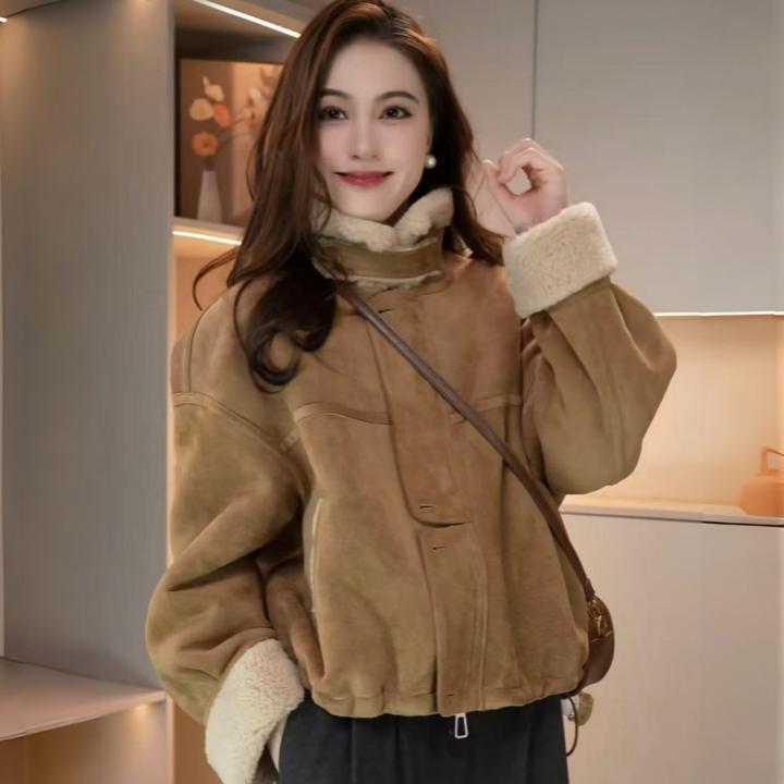 2025冬季新款爆款立领加绒加厚短款皮毛一体外套女机车服夹克上衣