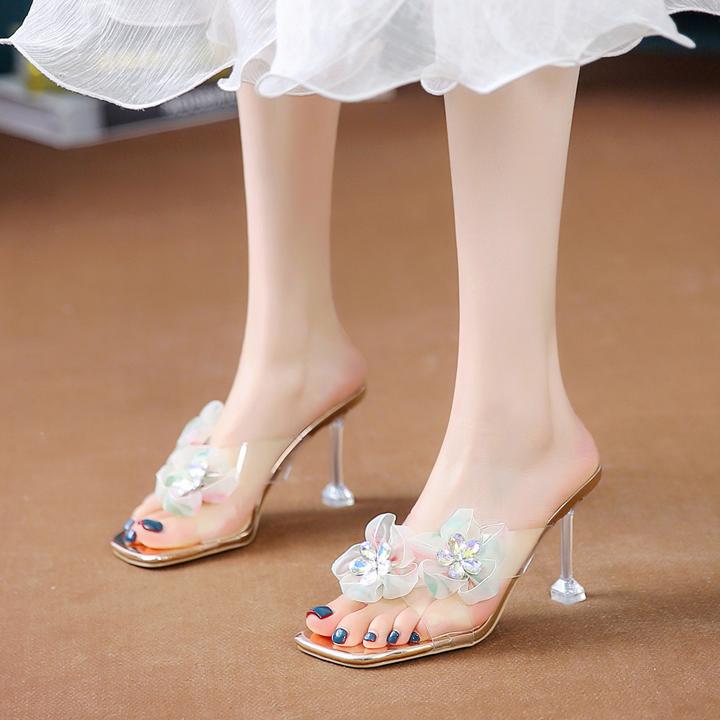 细跟花朵方头水钻高跟一字中跟仙女时尚百搭夏季外穿粗跟