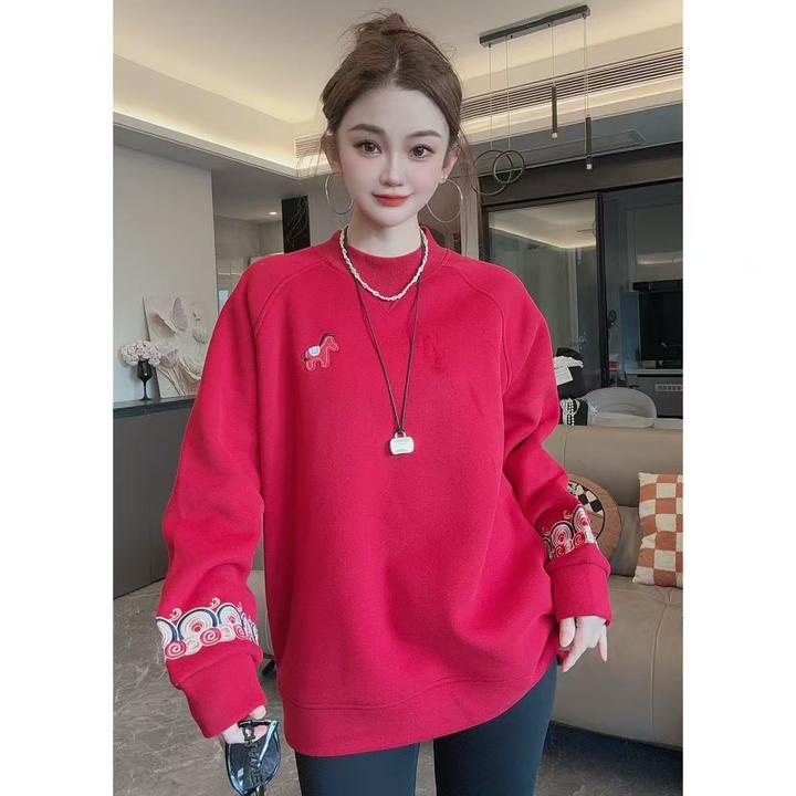 【国风祥云中长款衣长68起】插肩袖加绒加厚中长款圆领卫衣 2728