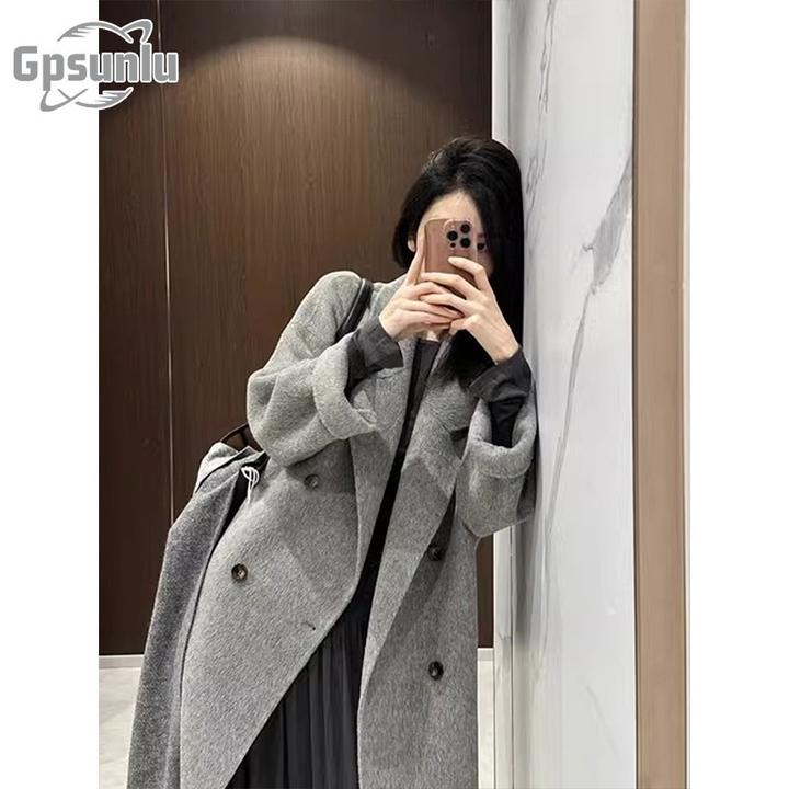 gpsunlugpsunlu灰色呢子大衣女秋季赫本风气质毛呢外套中长版加厚
