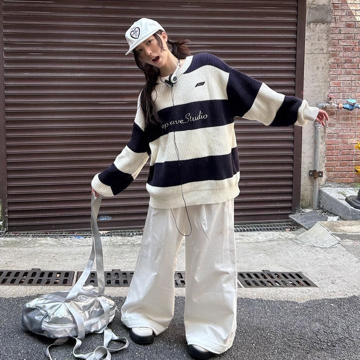 潮流复古牌字母撞色毛衣女宽松2025秋冬季新款针织衫条纹圆领百搭
