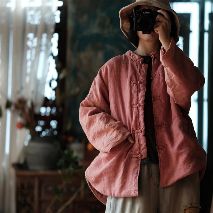 秋季新款落古泥复古亚麻对襟立领落肩棉衣外套2127皮粉