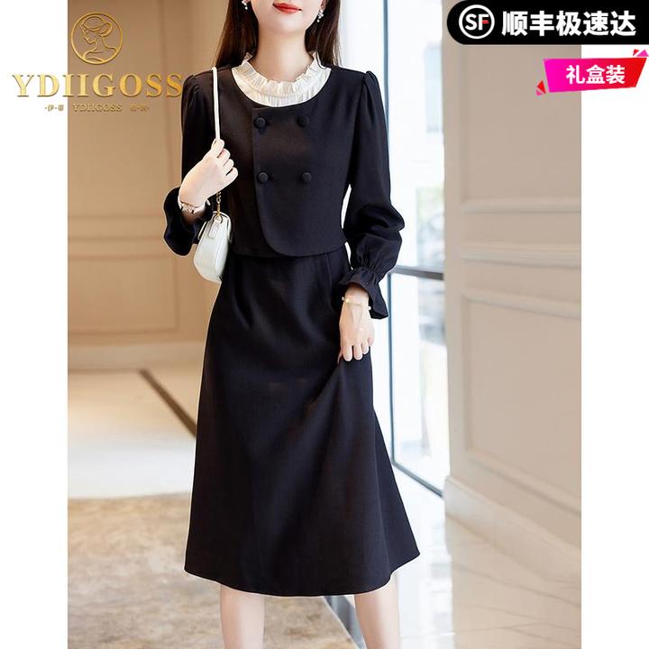 伊蒂格世春秋新款假两件连衣裙高端设计复古气质收腰显瘦时尚裙子