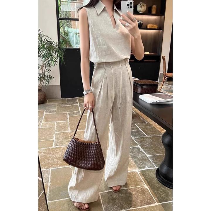 松弛老钱马甲棉麻套装女无袖v领上衣宽松休闲阔腿长裤亚麻两件套