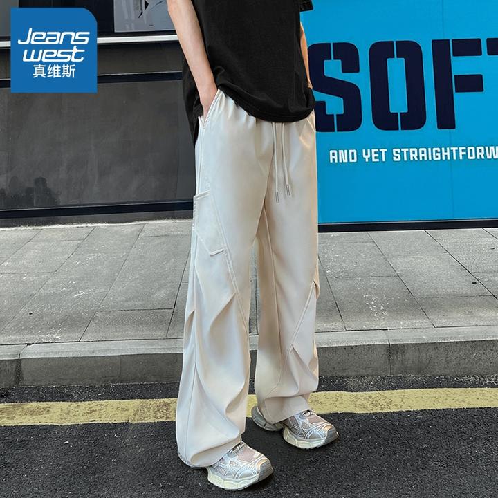 真维斯港风美式褶皱工装裤男士爆款宽松潮流阔腿百搭弯刀休闲长裤