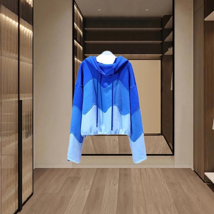 2025春秋韩式新款蓝色拼接设计感连帽卫衣女宽松休闲小众百搭上衣
