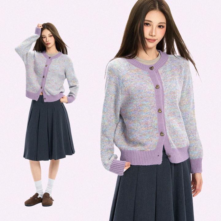 （小韩家）紫色圆领毛衣外套女2025秋冬新款撞色设计感软糯加厚针织