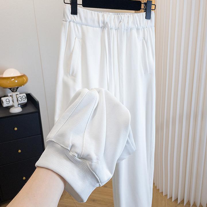 2025爆款白色休闲裤宽松高腰长裤早秋时尚微胖显瘦百搭抽绳卫裤女