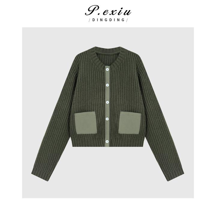 韩系简约撞色拼接慵懒风宽松圆领长袖针织开衫Q78913