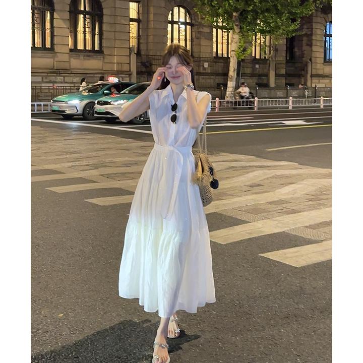 2025夏季新款收腰显瘦设计感衬衫长裙韩系白色高级感无袖连衣裙女