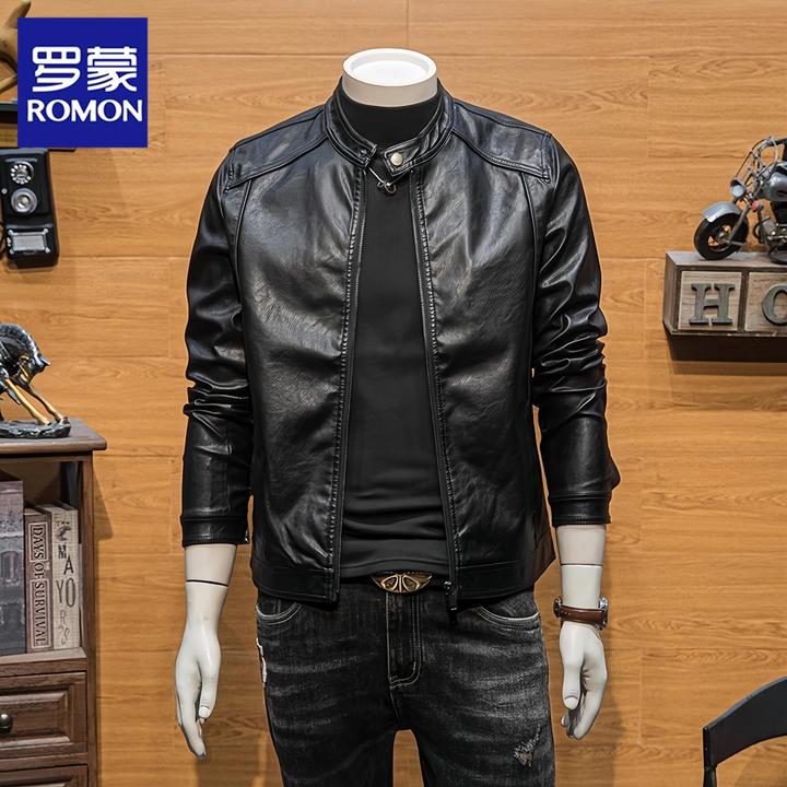 罗蒙新款商务立领皮衣男士海宁修身潮流帅气春秋季机车夹克外套潮