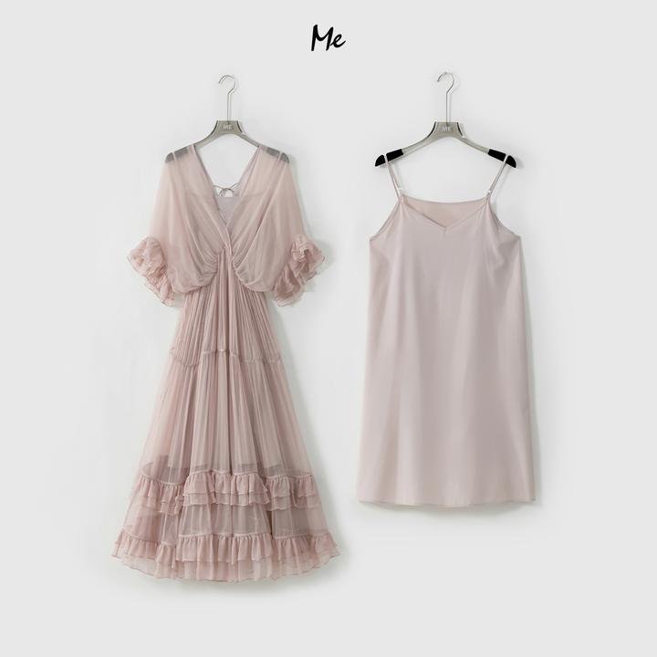 ME【100%真丝粉颜玫瑰 (含吊带)】荷叶边时尚法式连衣裙MESS6089