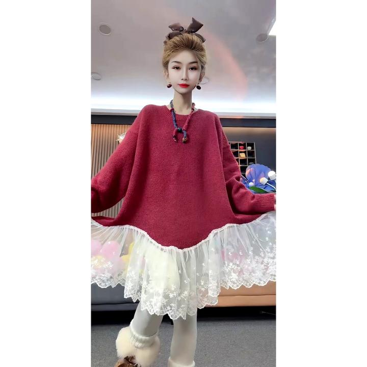 圆领花边蕾丝拼接长袖毛衣冬款软糯慵懒宽松中长款毛衣