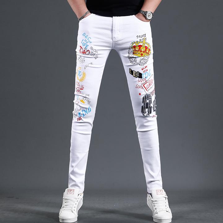 秋季印花白色牛仔裤男士潮牌2025新款弹力修身小脚潮流休闲长裤子
