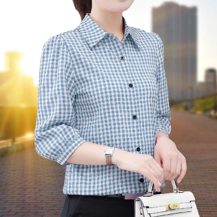 夏季新款格子七分袖雪纺衬衫洋气妈妈装夏装显瘦气质衬衣韩版女士