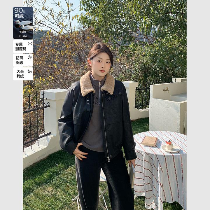裂渡宣宣【帅气姐姐】小毛领皮夹克外套女冬工装显瘦羽绒服ZY508V25
