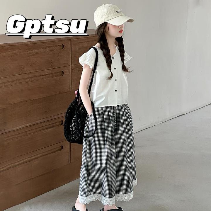 GPTSu女童套装2025年新款儿童洋气好看装中大童飞袖娃娃衫两件套