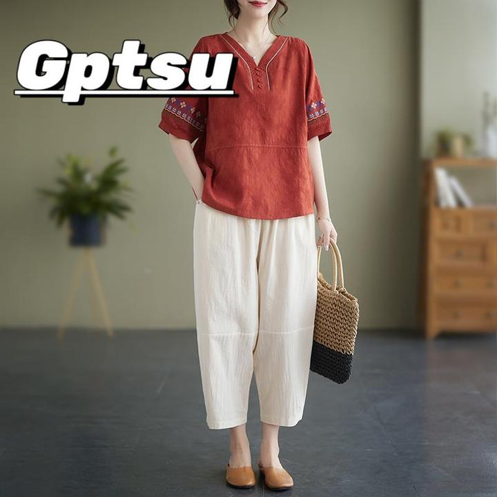 GPTSu中年妈妈套装洋气民族风亚麻短袖恤中老年时尚刺绣两件套装