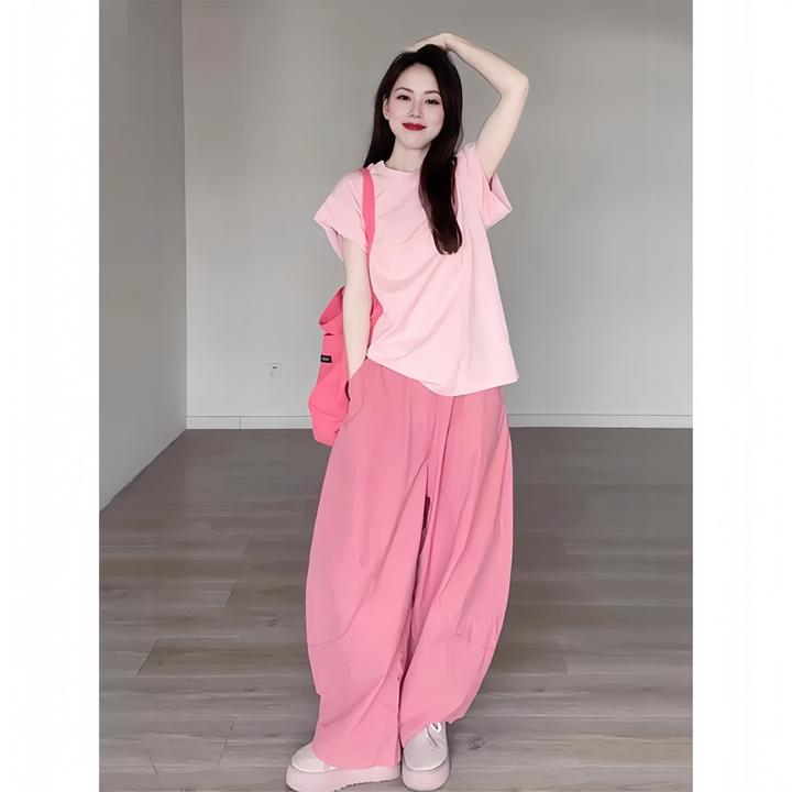 夏日多巴胺一整套T恤阔腿裤两件套慵懒风俏皮活泼减龄套装小个子