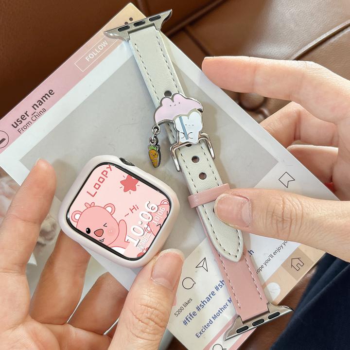 可爱小兔表带适用于苹果手表表带S11荔枝纹S10s9s8s65432手表表带
